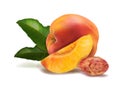 Sweet peach with a bone and green leaves.